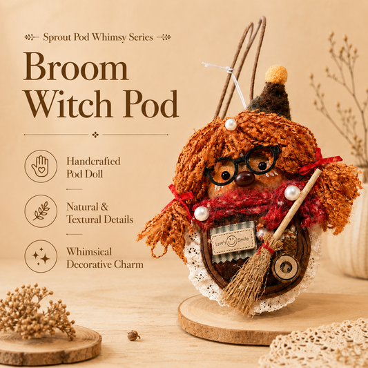 Sprout Pod Whimsy Series – Broom Witch Pod Handmade Decorative Doll
