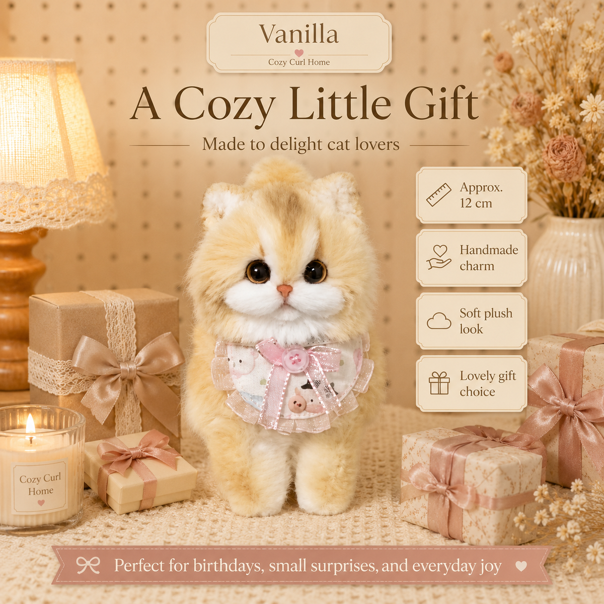 Cozy Curl Home – Vanilla | Handmade Fluffy Cat Plush Keychain
