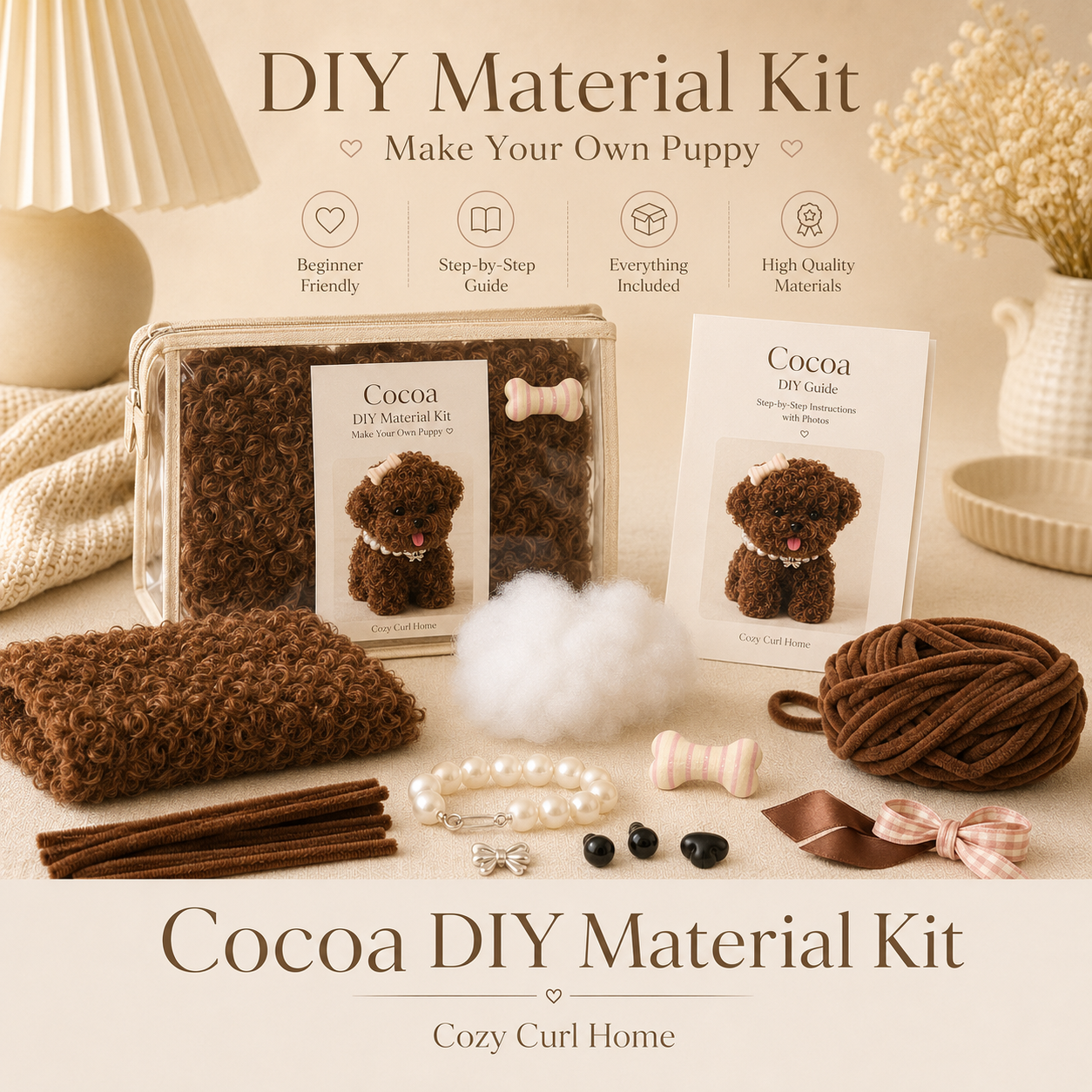 Cozy Curl Home – DIY Puppy Material Kit | Make Your Own Handmade Chenille Dog (4 Styles Available)