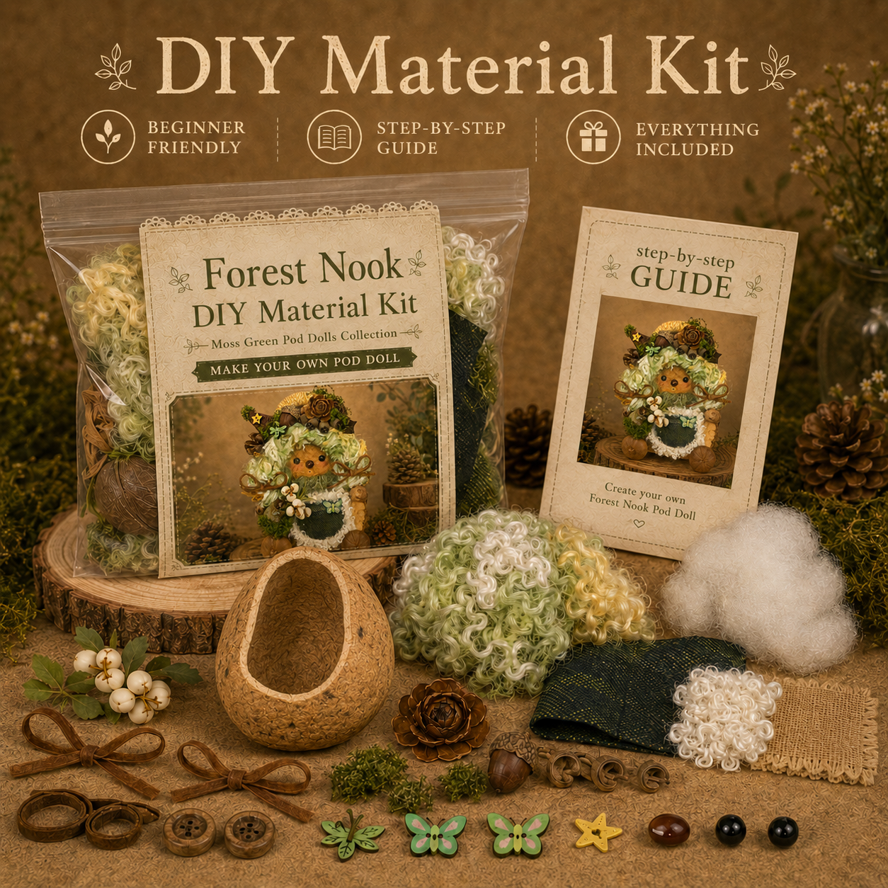 Moss Green Pod Doll DIY Kit–Handmade Craft Set(3 Styles Available)