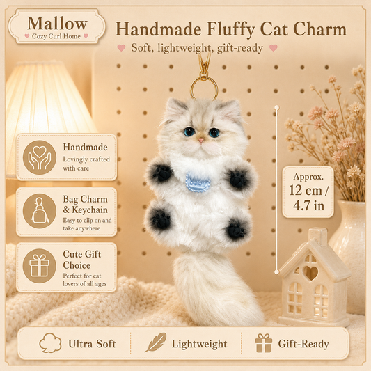 Cozy Curl Home – Mallow | Handmade Fluffy Cat Plush Keychain