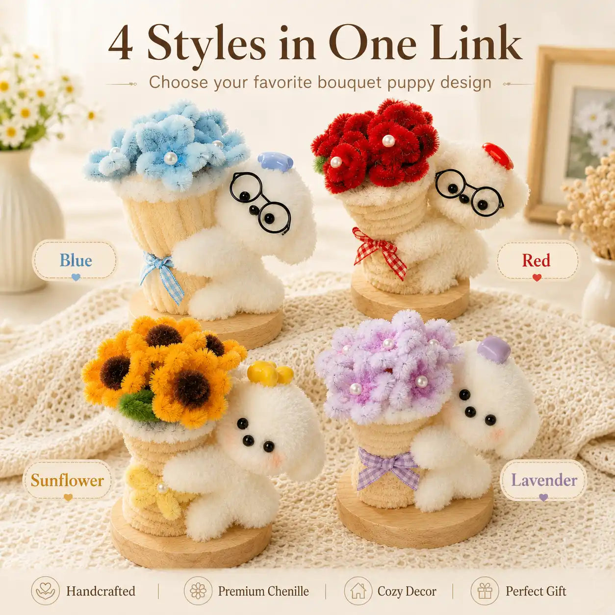 Handmade Chenille Bouquet Dog Figurine – Cute Floral Puppy Decor, 4 Styles Available