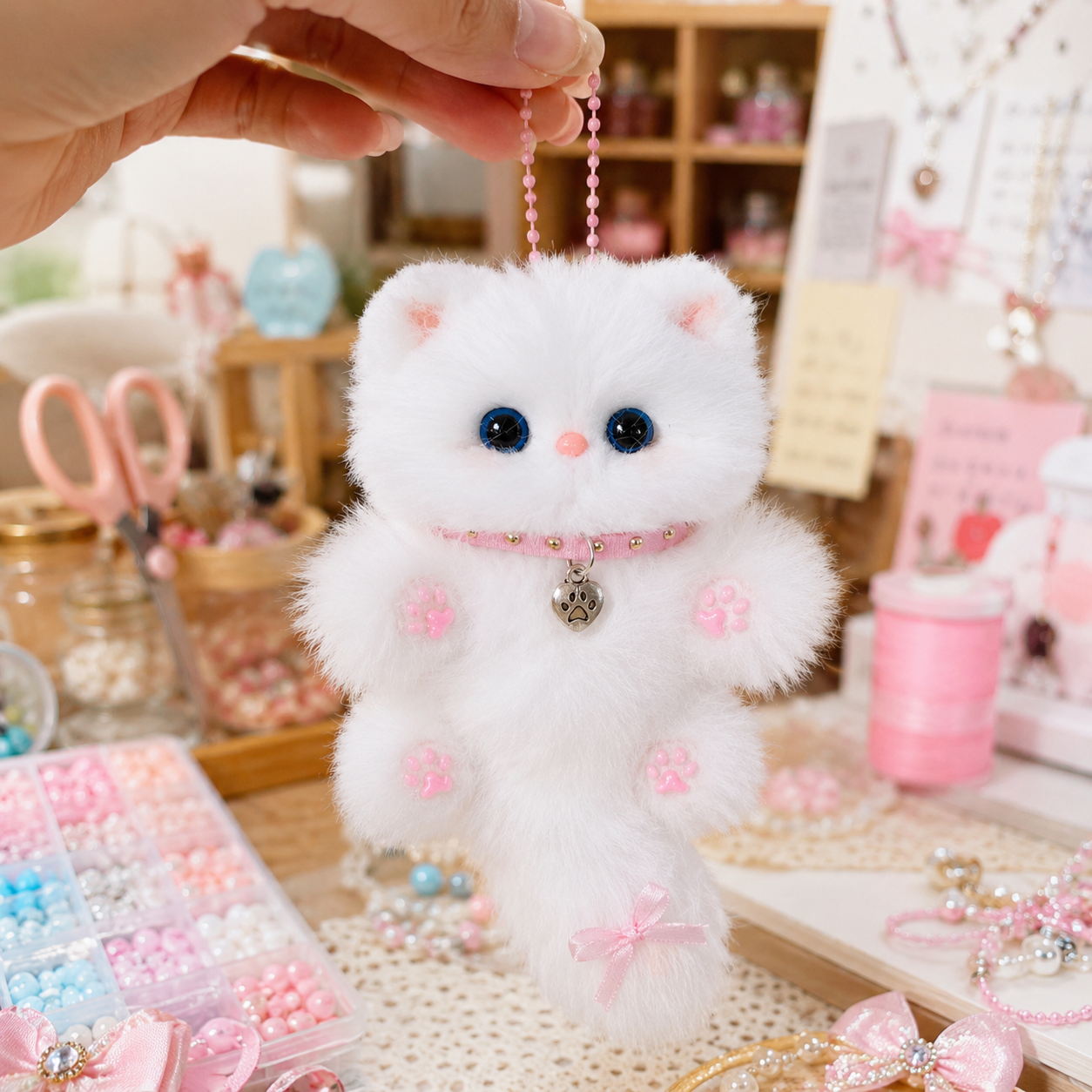 Handmade Chenille Cat Doll Keychain – Cute Plush Bag Charm Gift