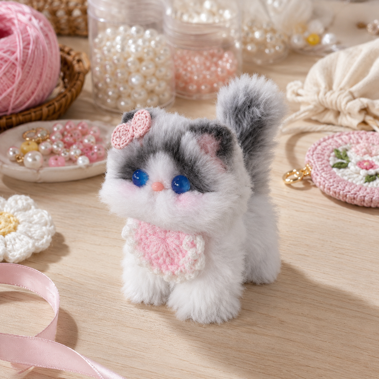 Handmade Chenille Animal Doll Keychain – Cute Cat Dog Bunny Plush Bag Charm Gift