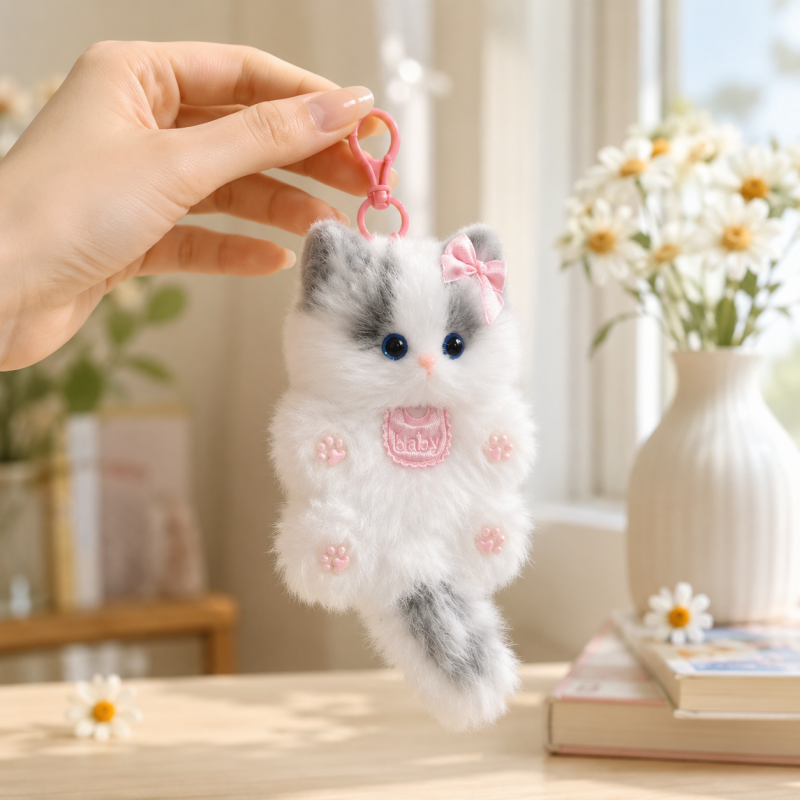 Handmade Chenille Cat Doll Keychain – Cute Plush Bag Charm Gift