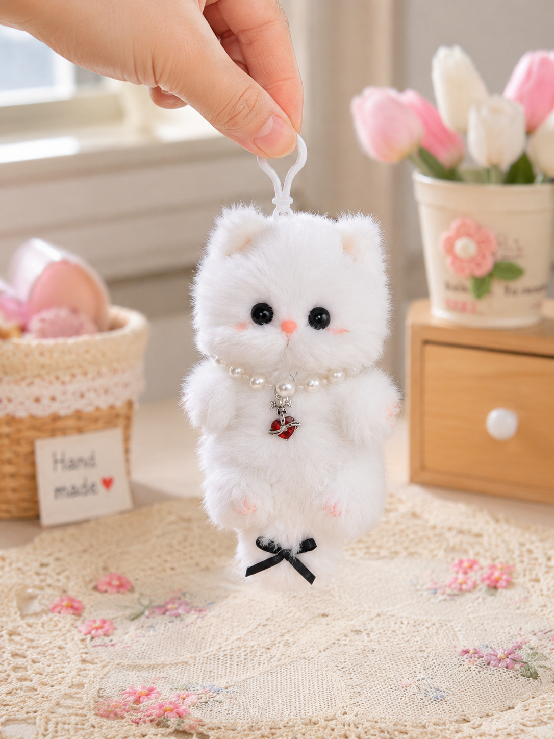 Handmade Chenille Cat Doll Keychain – Cute Plush Bag Charm Gift