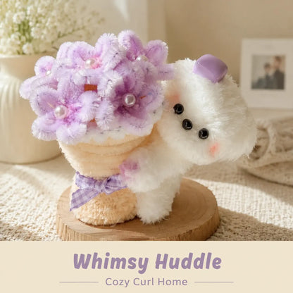 Handmade Chenille Bouquet Dog Figurine – Cute Floral Puppy Decor, 4 Styles Available
