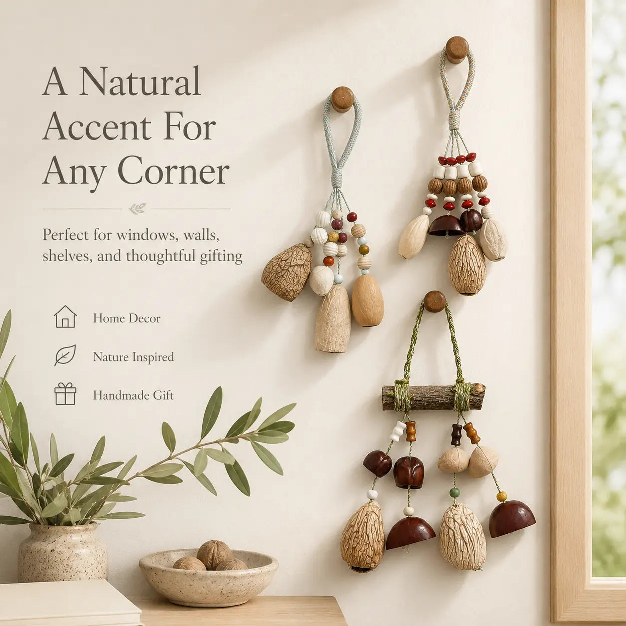 Valley Seed Line Natural Shell Wind Chime – Handmade Nature Inspired Hanging Ornament