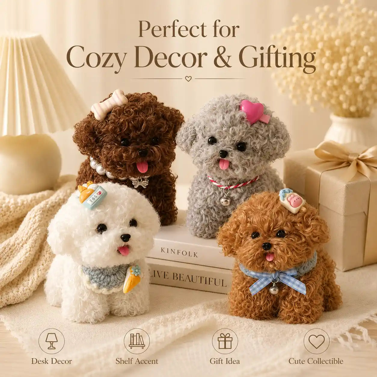 Handmade Chenille Puppy Figurine – Cute Fluffy Dog Decor, 4 Styles Available