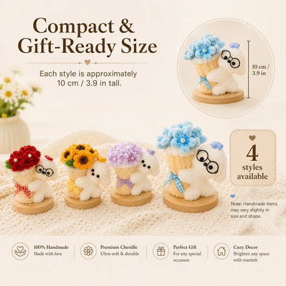 Handmade Chenille Bouquet Dog Figurine – Cute Floral Puppy Decor, 4 Styles Available