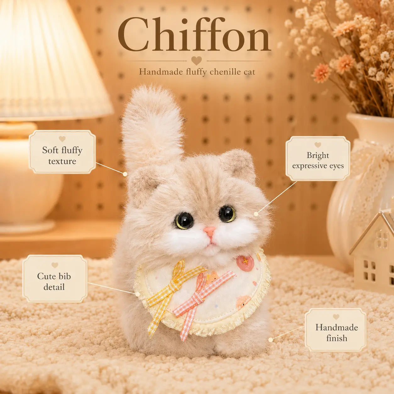 Handmade Chenille Cat Doll – Cute Cat Lover Gift & Cozy Desk Decor