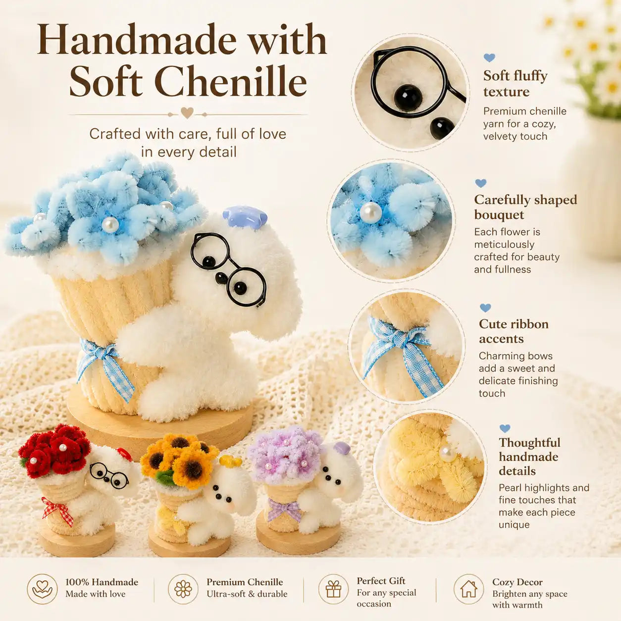 Handmade Chenille Bouquet Dog Figurine – Cute Floral Puppy Decor, 4 Styles Available