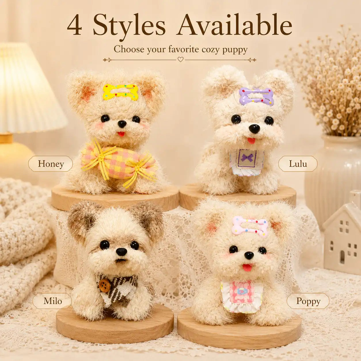 Handmade Chenille Puppy Figurine – Cute Fluffy Dog Ornament, 4 Designs Available