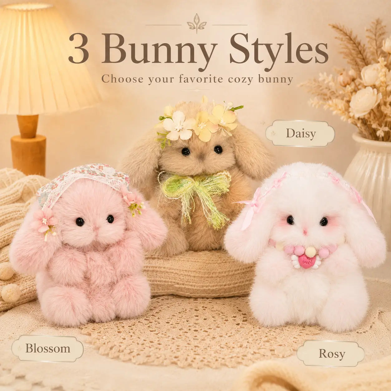 Handmade Chenille Bunny Figurine – Cute Fluffy Rabbit Decor, 3 Designs Available