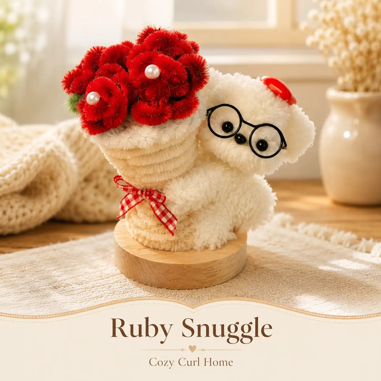 Handmade Chenille Bouquet Dog Figurine – Cute Floral Puppy Decor, 4 Styles Available