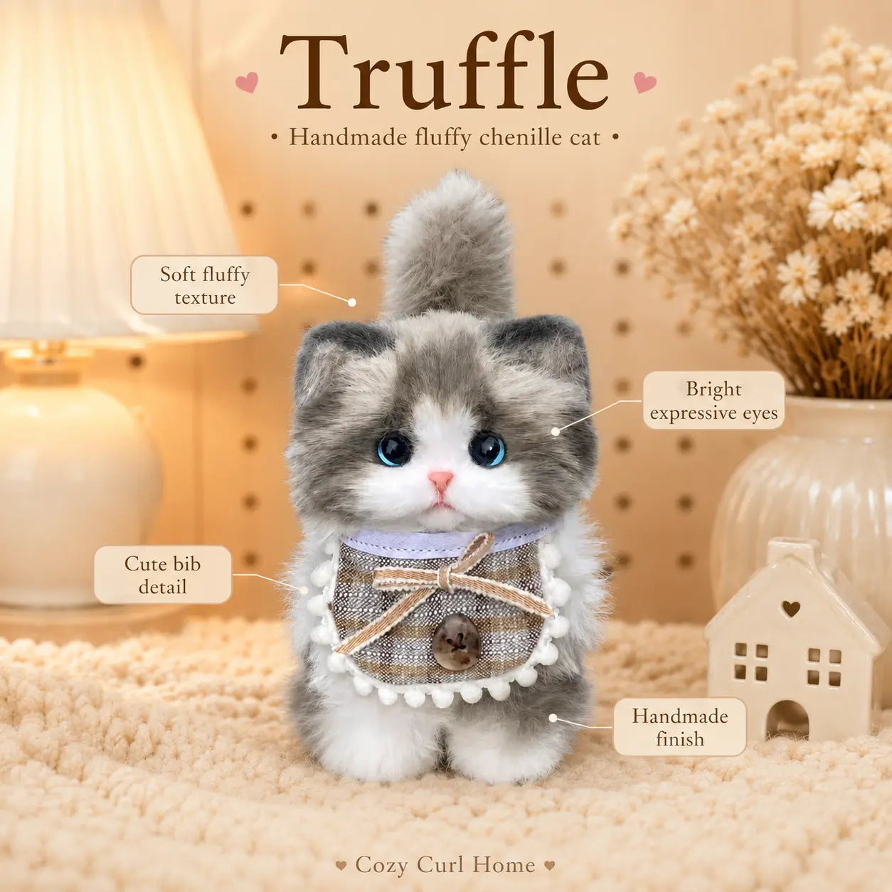 Handmade Chenille Cat Doll – Cute Cat Lover Gift & Cozy Desk Decor