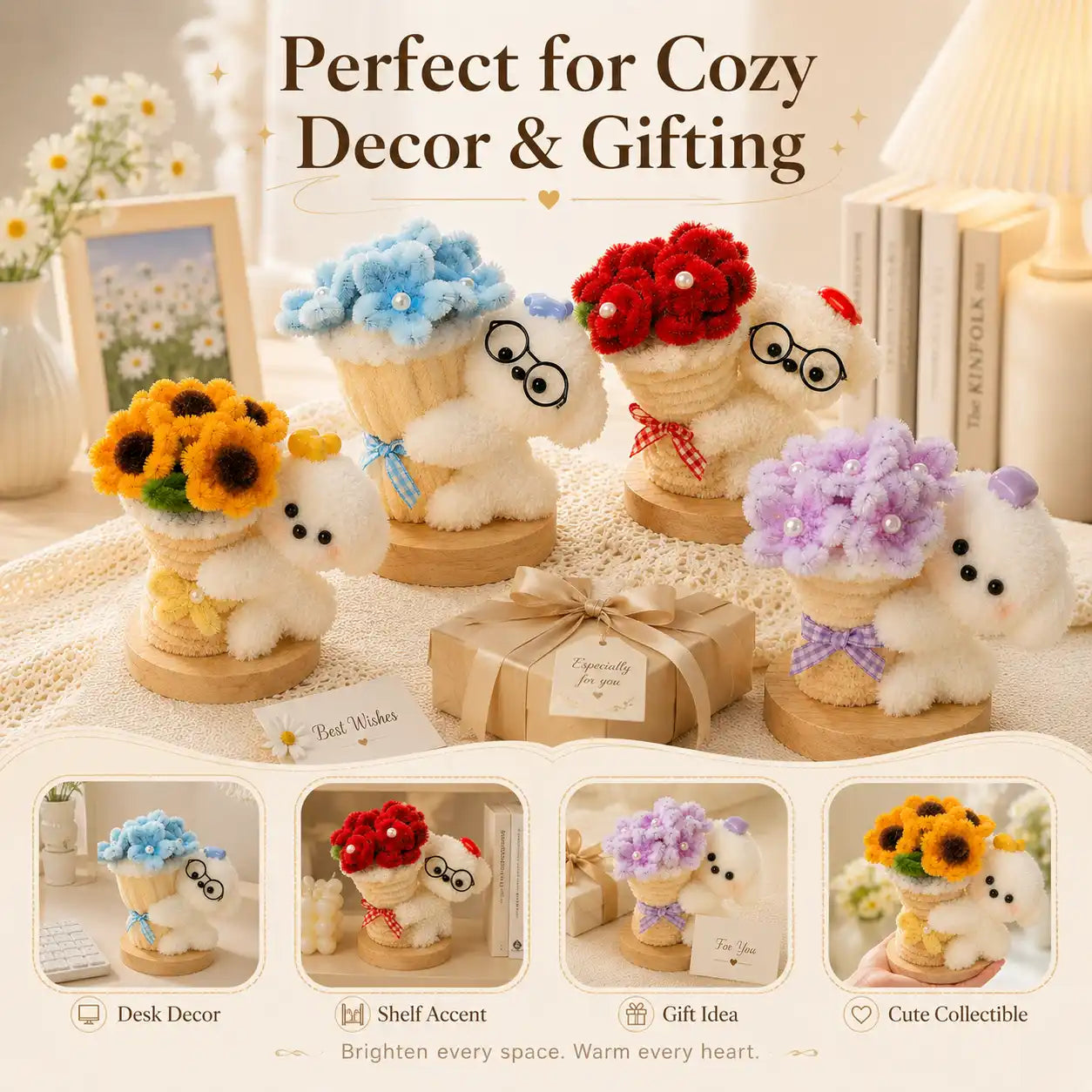 Handmade Chenille Bouquet Dog Figurine – Cute Floral Puppy Decor, 4 Styles Available