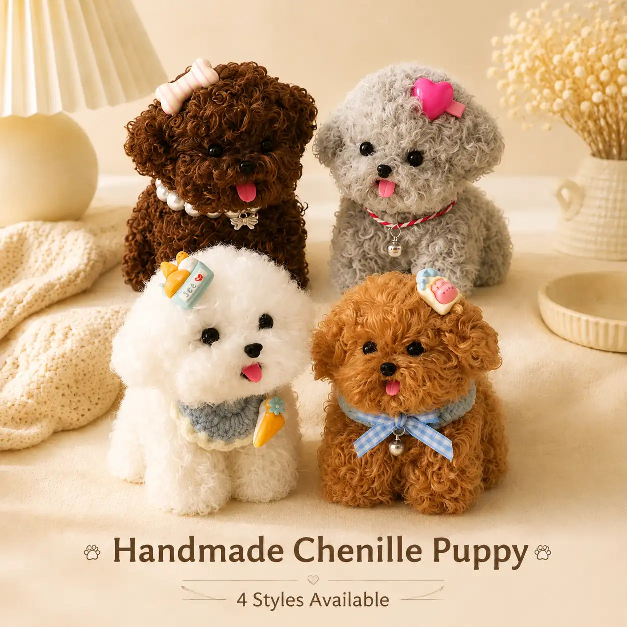 Handmade Chenille Puppy Figurine – Cute Fluffy Dog Decor, 4 Styles Available
