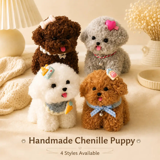 Handmade Chenille Puppy Figurine – Cute Fluffy Dog Decor, 4 Styles Available