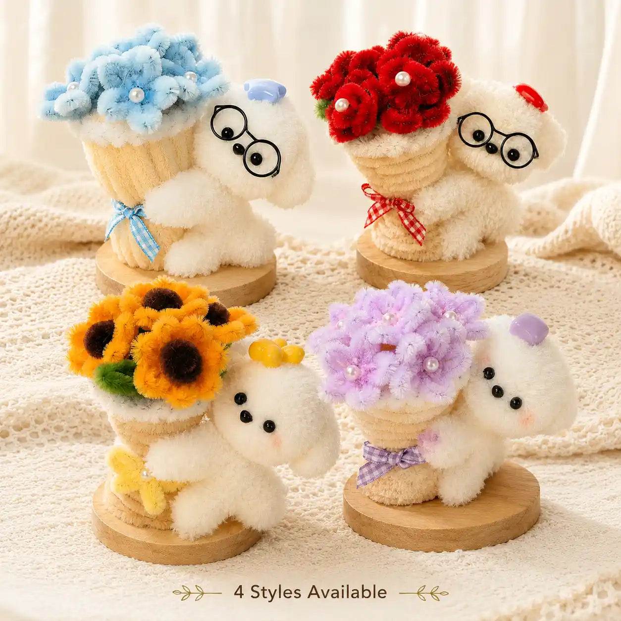 Handmade Chenille Bouquet Dog Figurine – Cute Floral Puppy Decor, 4 Styles Available