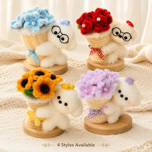 Handmade Chenille Bouquet Dog Figurine – Cute Floral Puppy Decor, 4 Styles Available