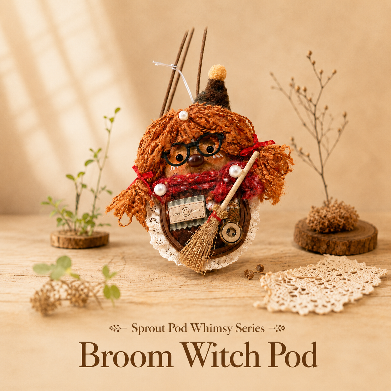 Sprout Pod Whimsy Series – Broom Witch Pod Handmade Decorative Doll