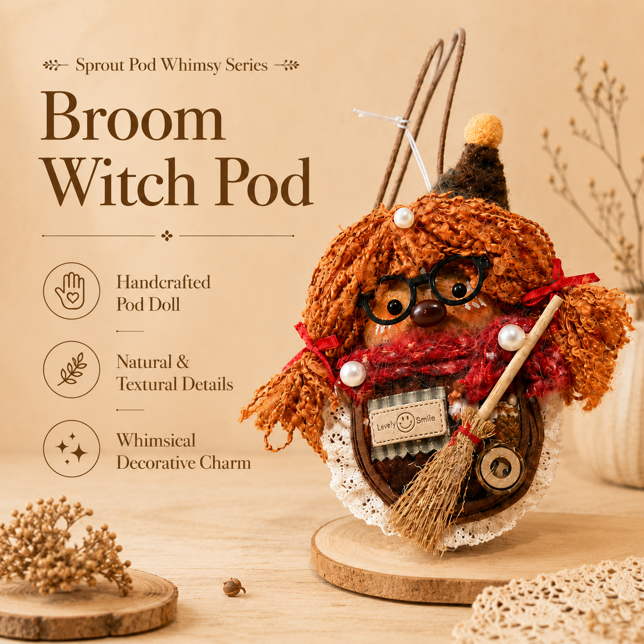 Sprout Pod Whimsy Series – Broom Witch Pod Handmade Decorative Doll