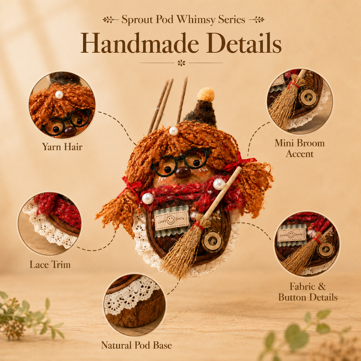Sprout Pod Whimsy Series – Broom Witch Pod Handmade Decorative Doll