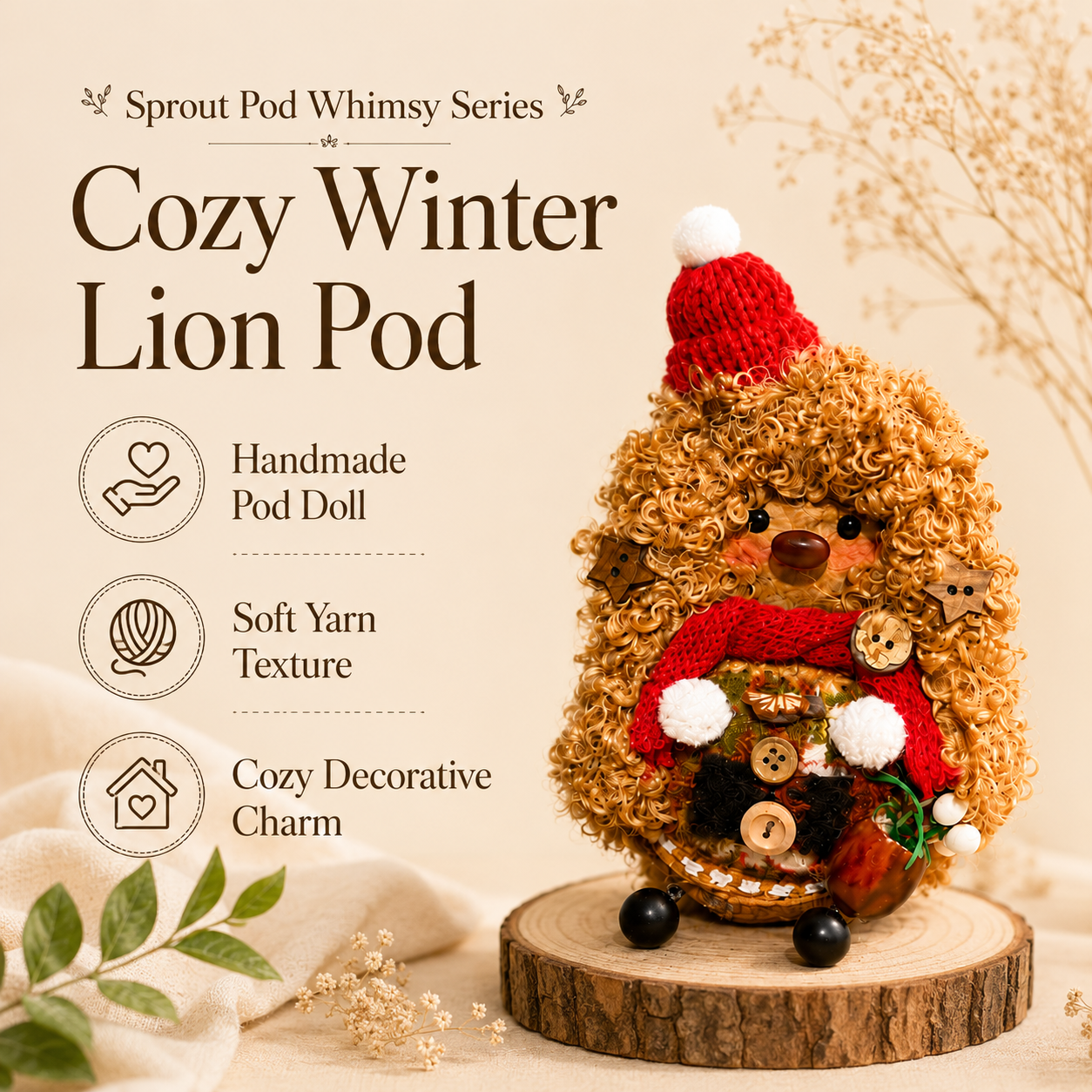 Sprout Pod Whimsy Series – Cozy Winter Lion Pod Handmade Decorative Doll