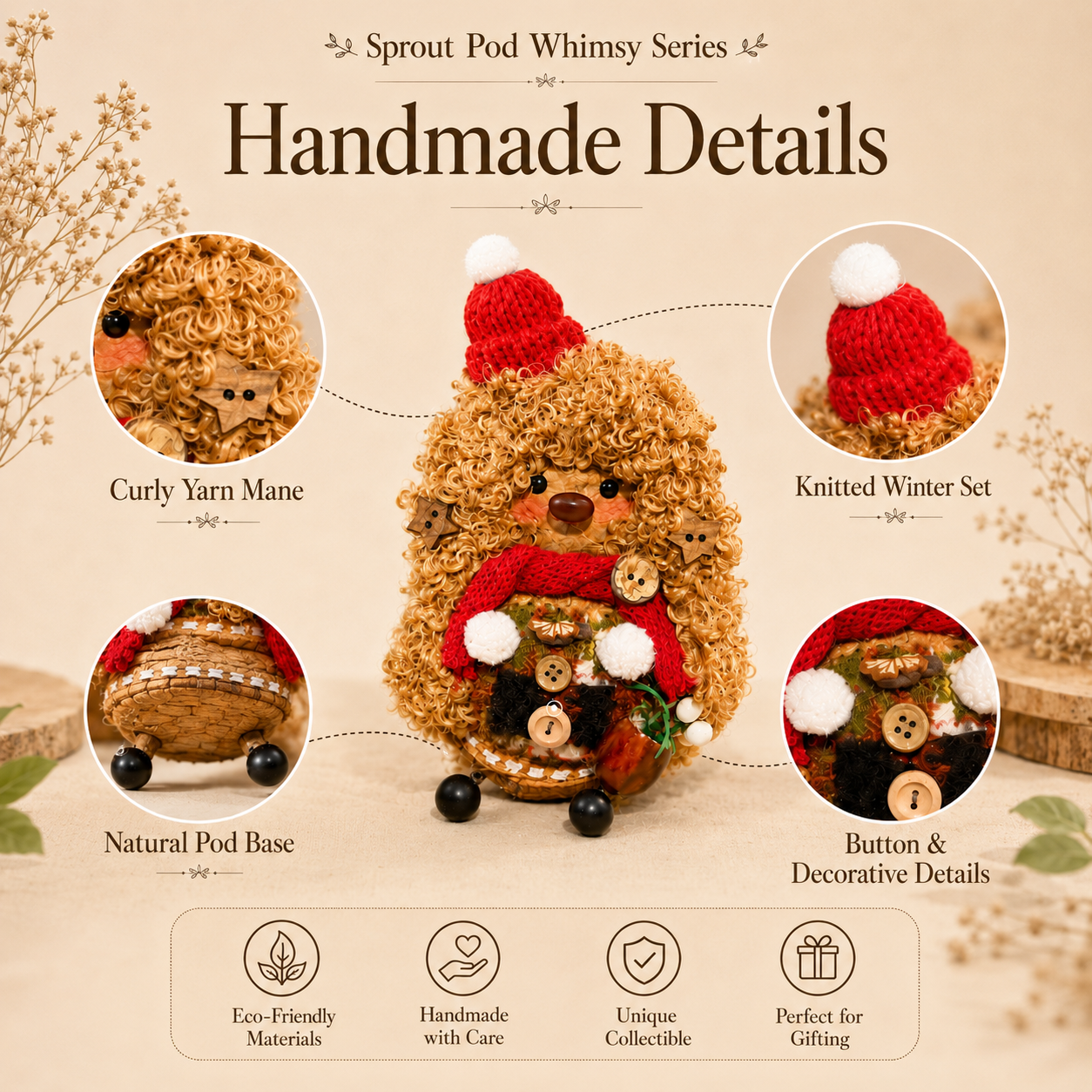 Sprout Pod Whimsy Series – Cozy Winter Lion Pod Handmade Decorative Doll