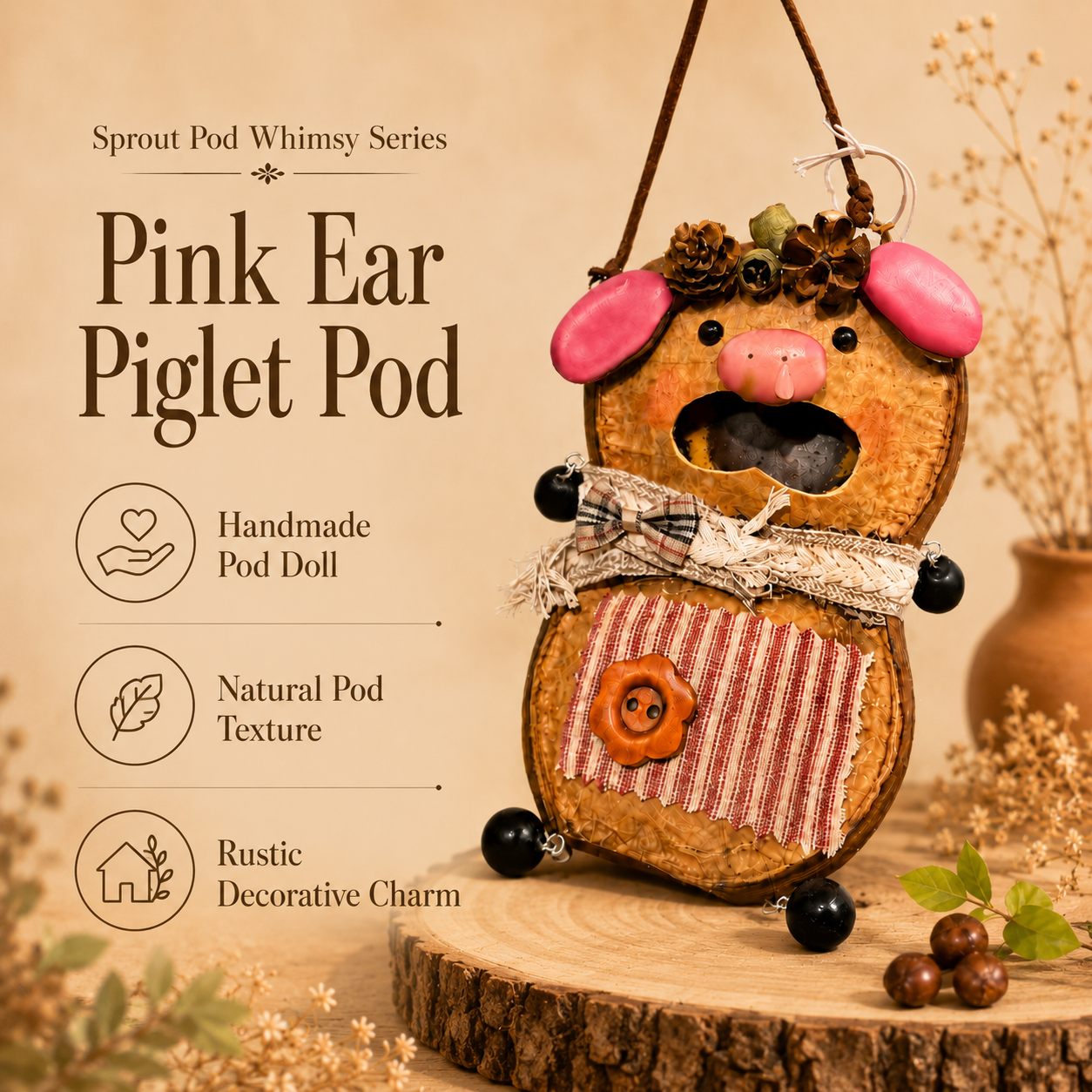 Sprout Pod Whimsy Series – Pink Ear Piglet Pod Handmade Hanging Doll