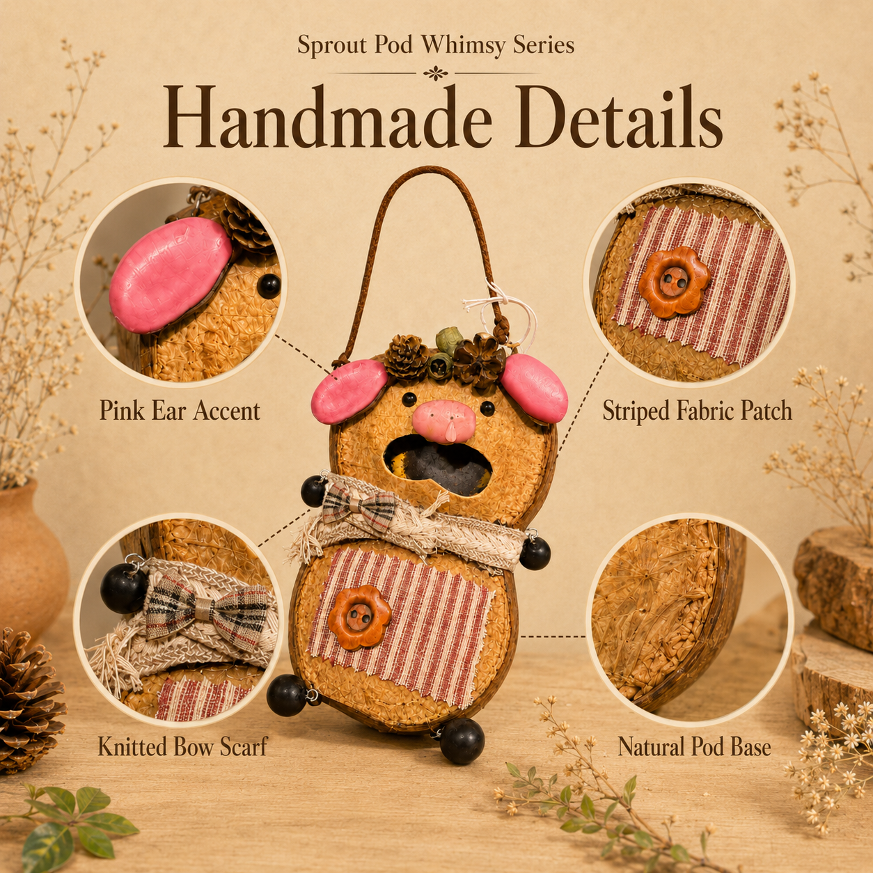 Sprout Pod Whimsy Series – Pink Ear Piglet Pod Handmade Hanging Doll