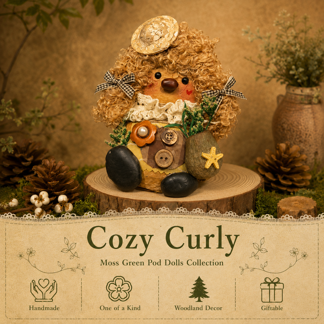 Moss Green Pod Dolls Collection – Cozy Curly Pod Handmade Decorative Doll