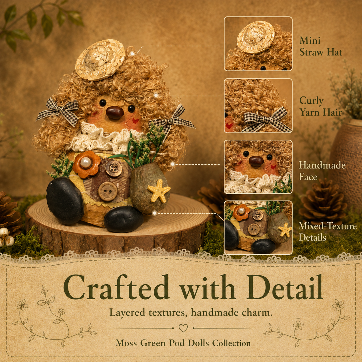 Moss Green Pod Dolls Collection – Cozy Curly Pod Handmade Decorative Doll