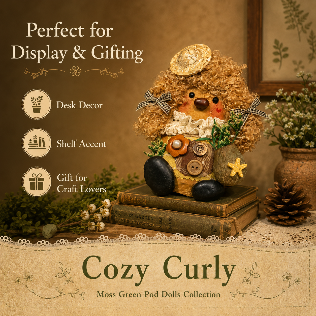 Moss Green Pod Dolls Collection – Cozy Curly Pod Handmade Decorative Doll