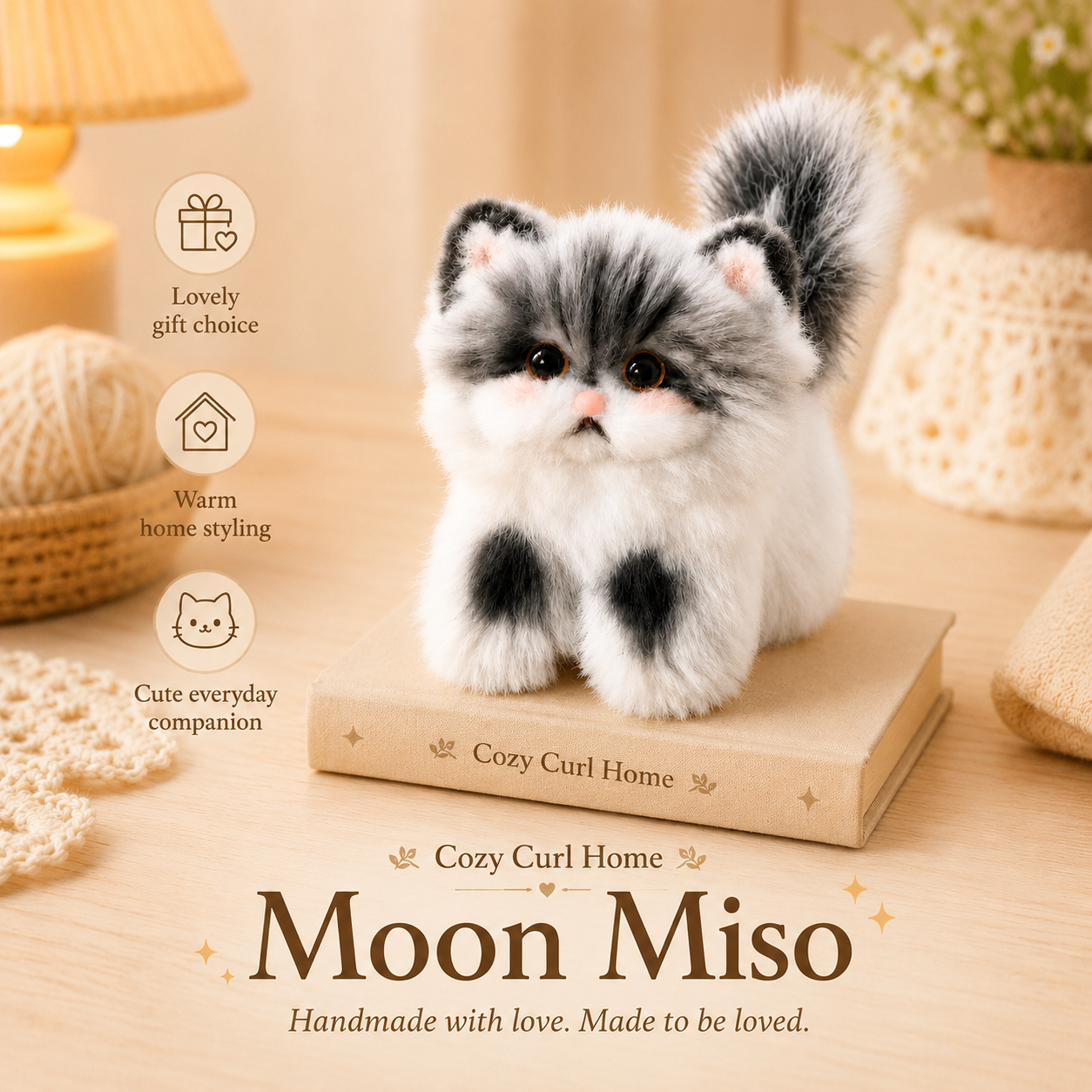 Cozy Curl Home – Moon Miso  Handmade Fluffy Cat Plush