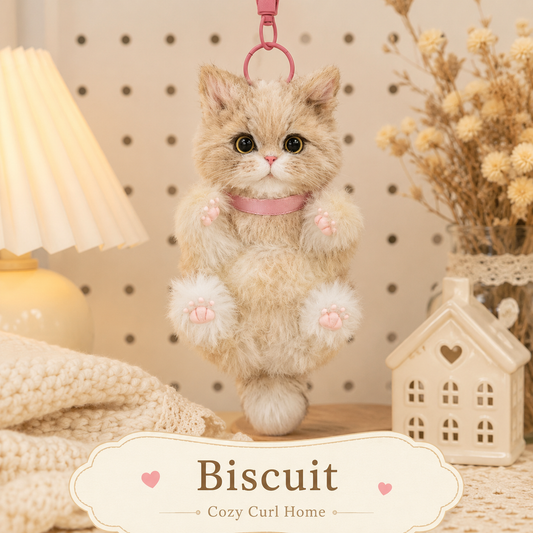 Cozy Curl Home – Biscuit | Handmade Fluffy Cat Plush Keychain