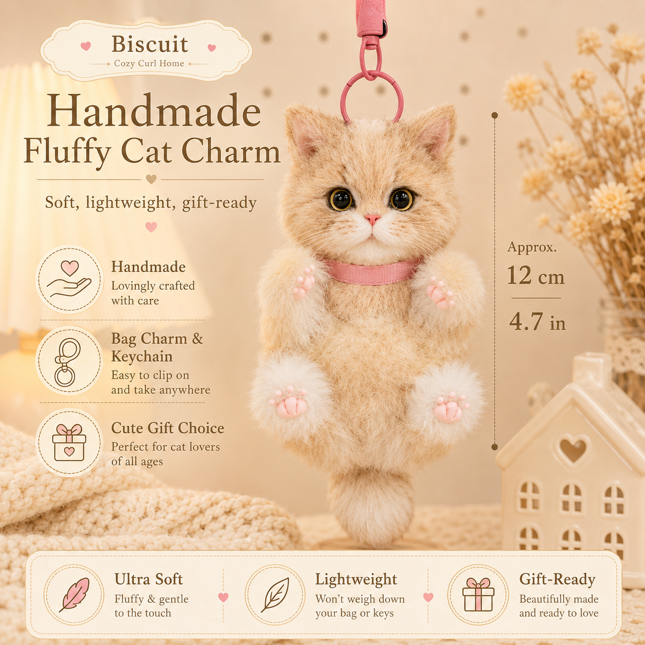 Cozy Curl Home – Biscuit | Handmade Fluffy Cat Plush Keychain