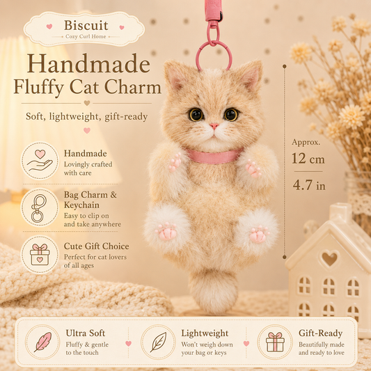 Cozy Curl Home – Biscuit | Handmade Fluffy Cat Plush Keychain