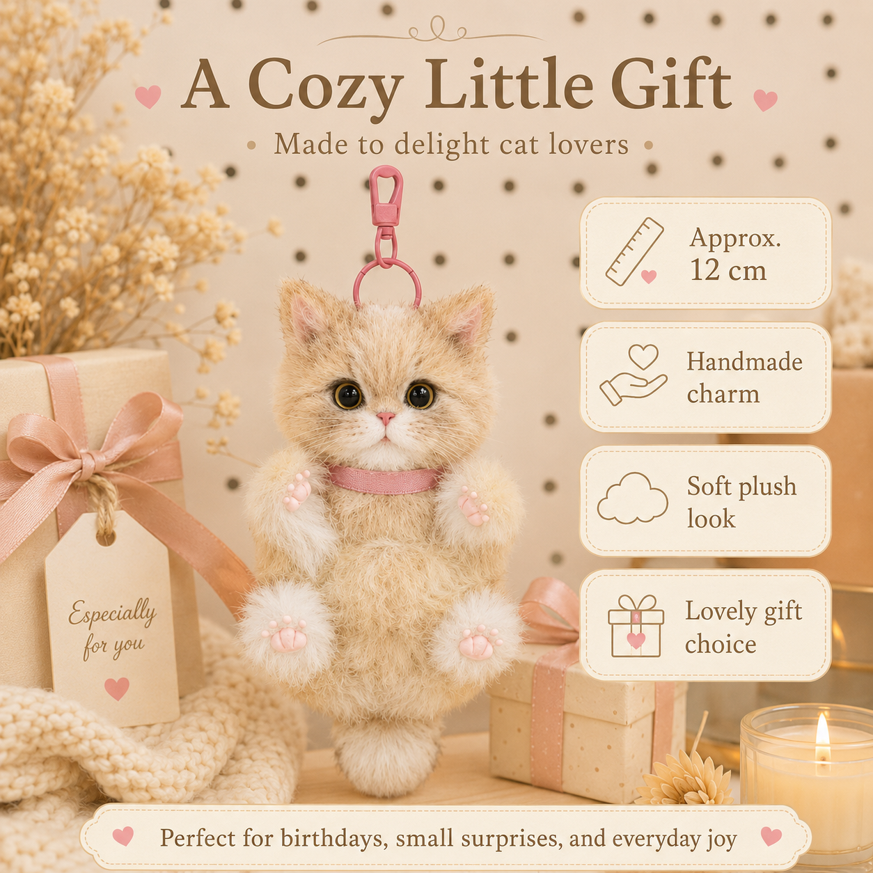 Cozy Curl Home – Biscuit | Handmade Fluffy Cat Plush Keychain