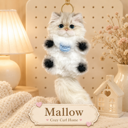 Cozy Curl Home – Mallow | Handmade Fluffy Cat Plush Keychain
