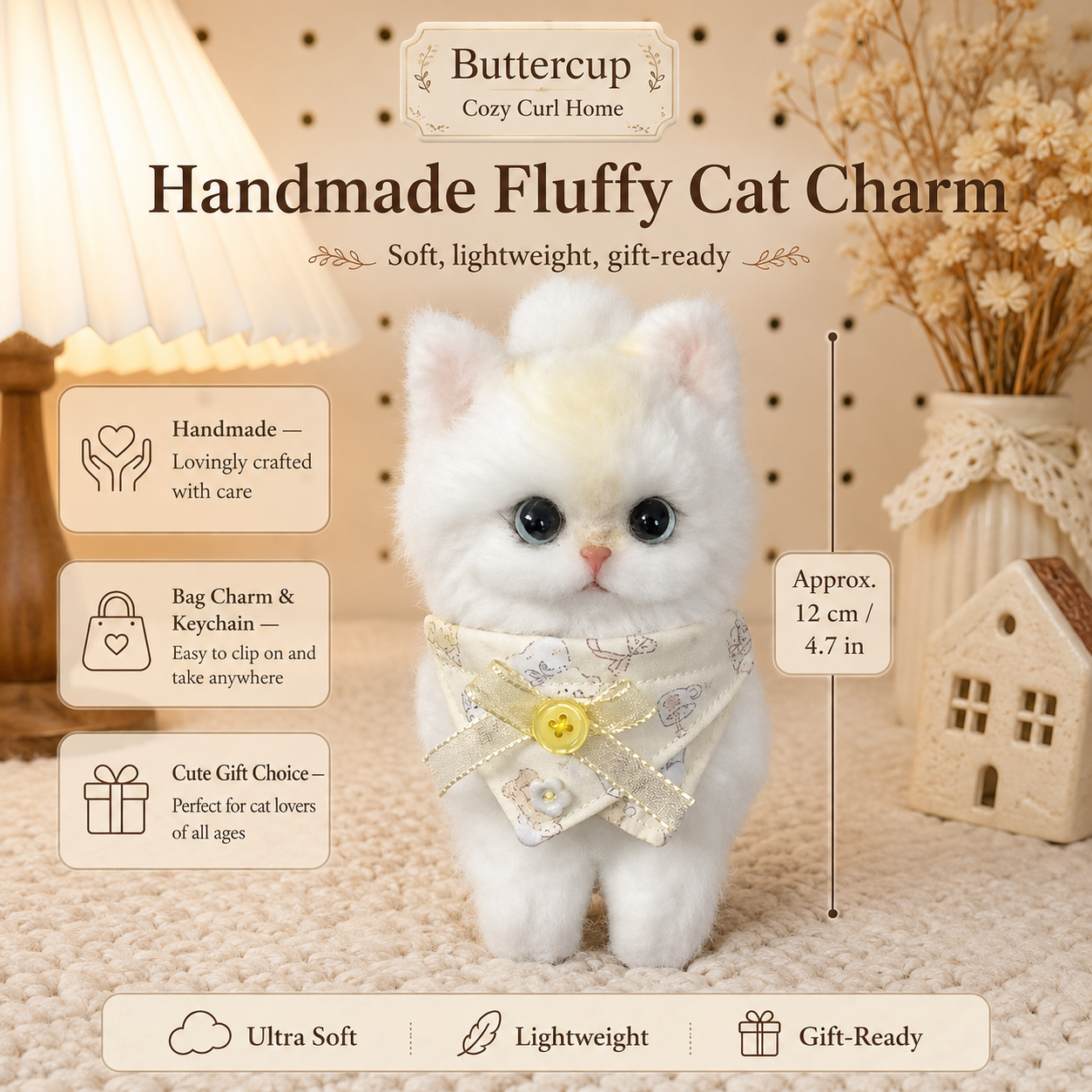 Cozy Curl Home – Buttercup | Handmade Fluffy Cat Plush Keychain