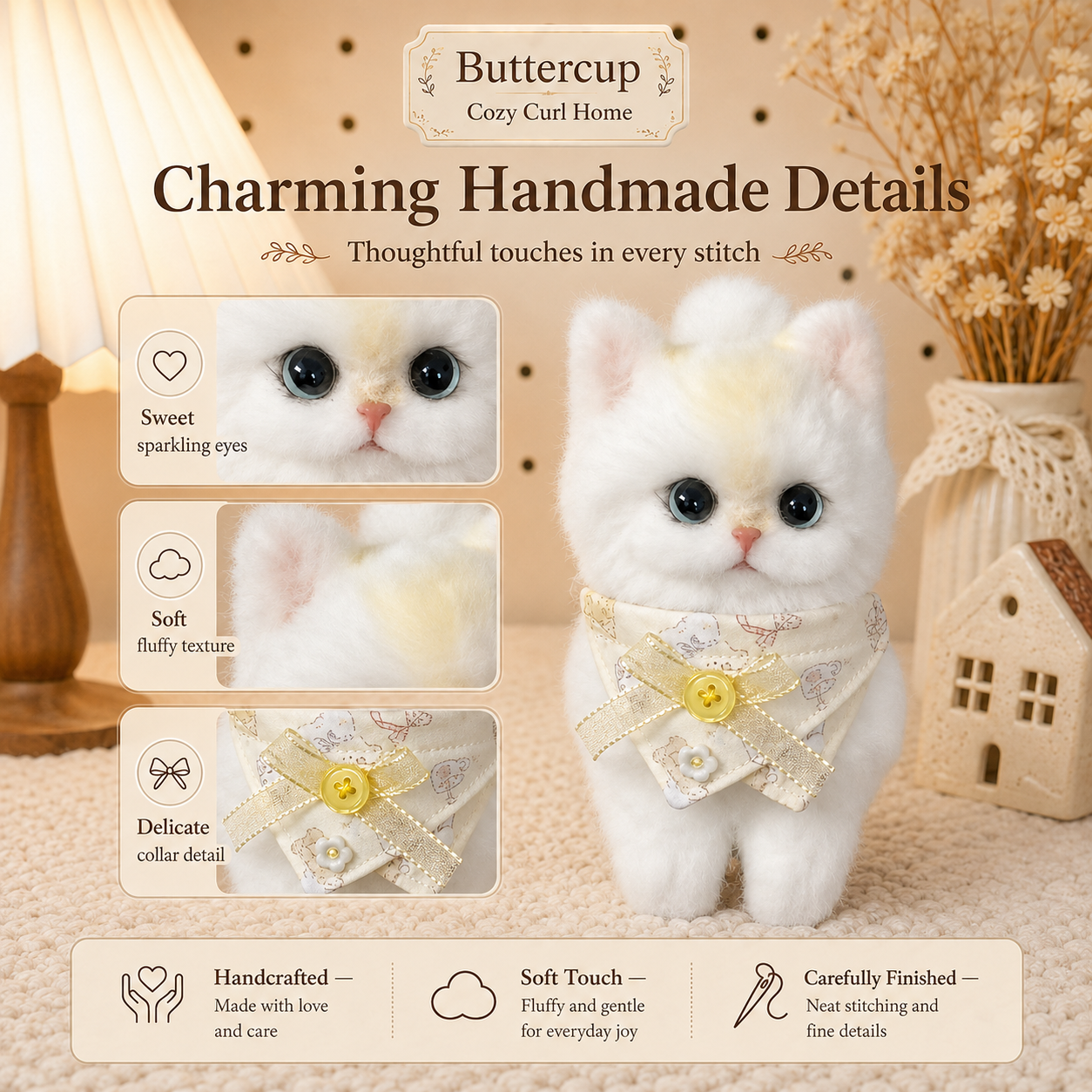 Cozy Curl Home – Buttercup | Handmade Fluffy Cat Plush Keychain