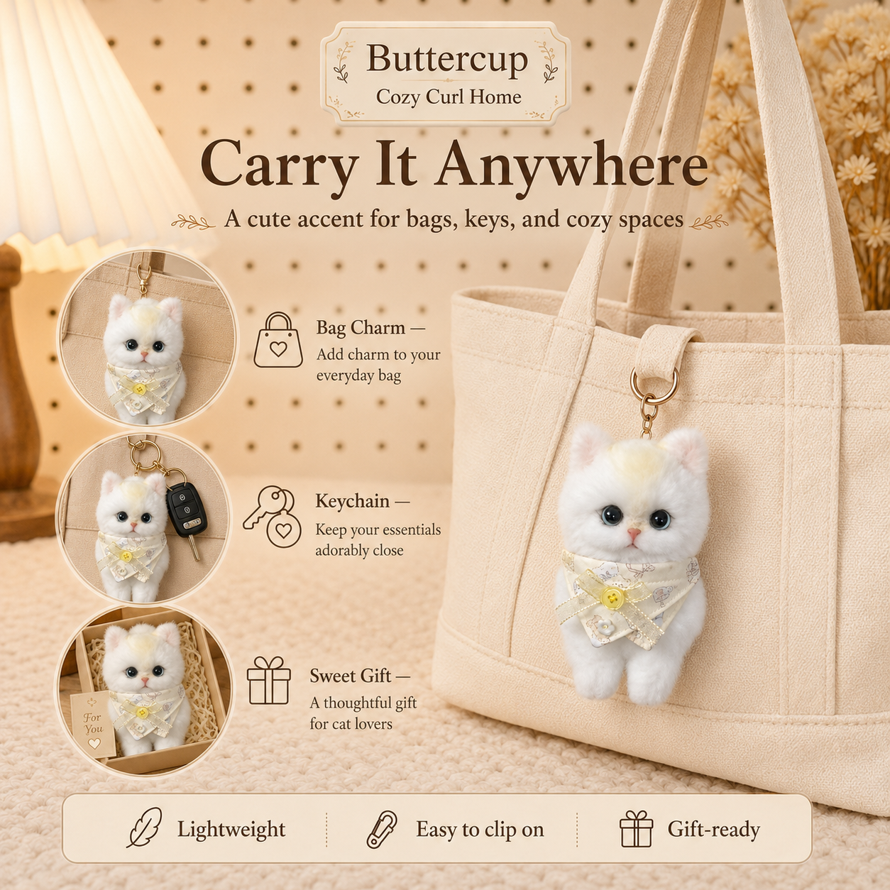 Cozy Curl Home – Buttercup | Handmade Fluffy Cat Plush Keychain