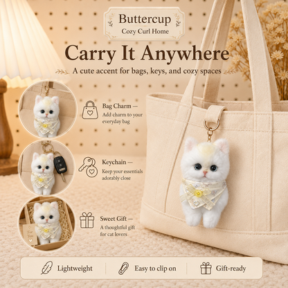 Cozy Curl Home – Buttercup | Handmade Fluffy Cat Plush Keychain