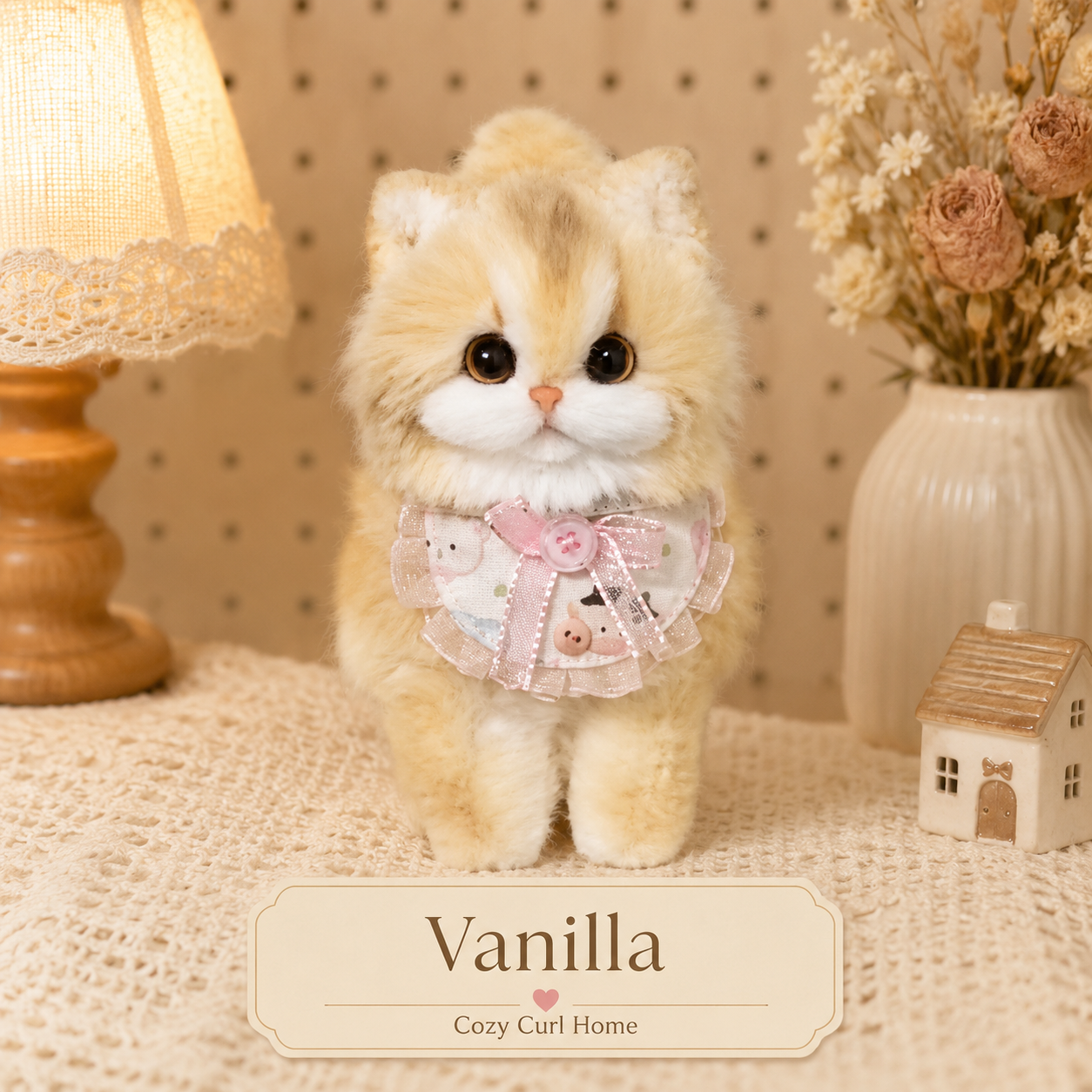 Cozy Curl Home – Vanilla | Handmade Fluffy Cat Plush Keychain