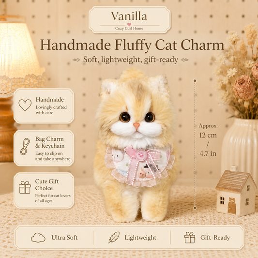 Cozy Curl Home – Vanilla | Handmade Fluffy Cat Plush Keychain