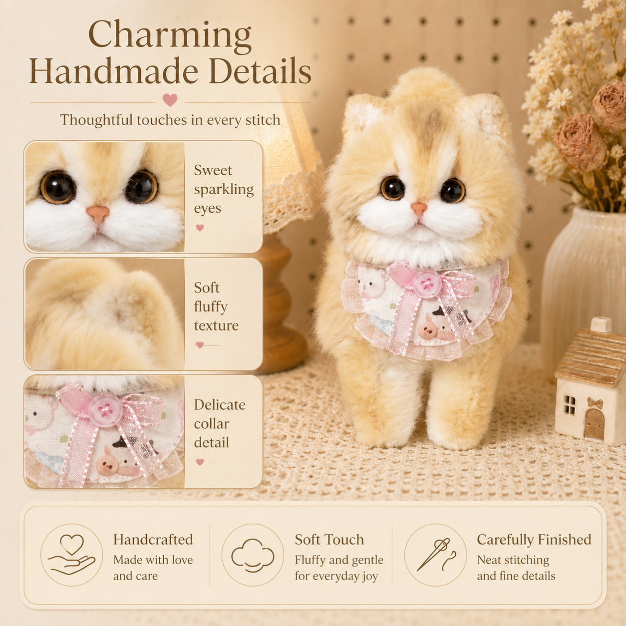 Cozy Curl Home – Vanilla | Handmade Fluffy Cat Plush Keychain