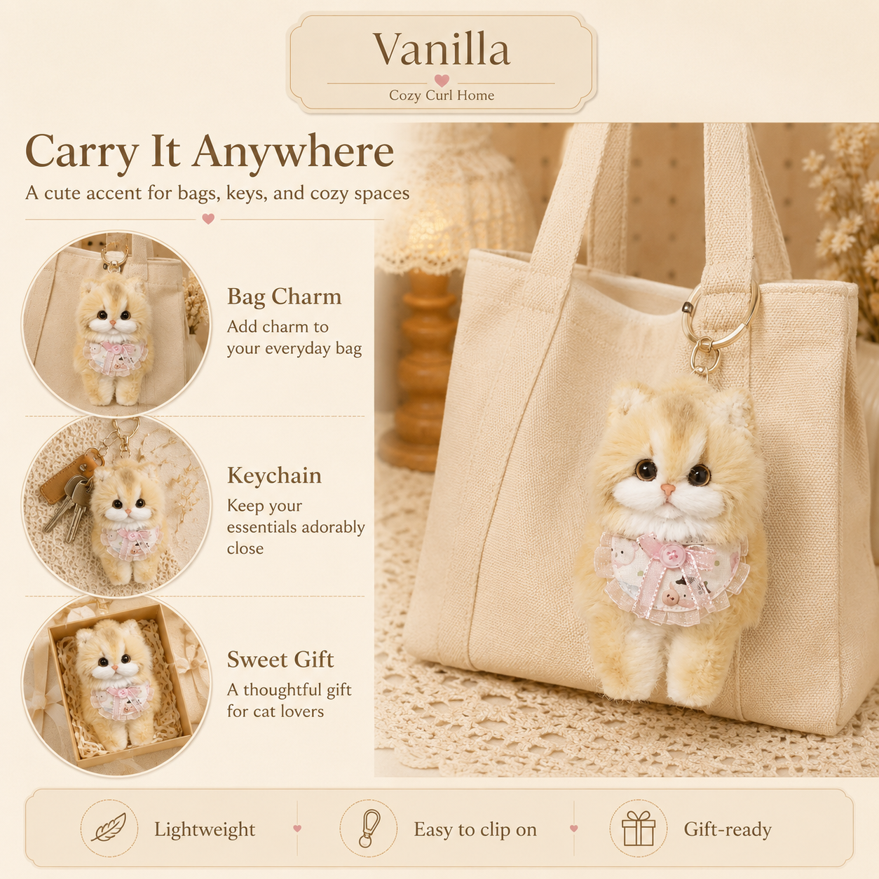 Cozy Curl Home – Vanilla | Handmade Fluffy Cat Plush Keychain