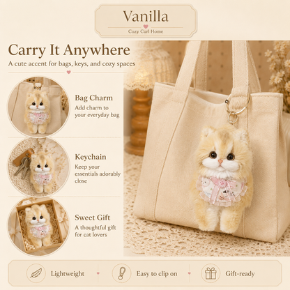 Cozy Curl Home – Vanilla | Handmade Fluffy Cat Plush Keychain